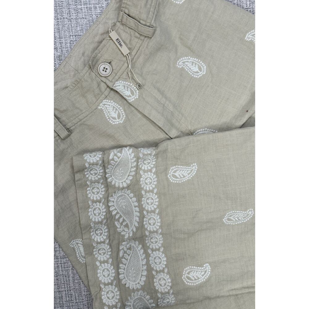 Elie Tahari Tan Cropped Linen Pants with White Paisley Embroidery